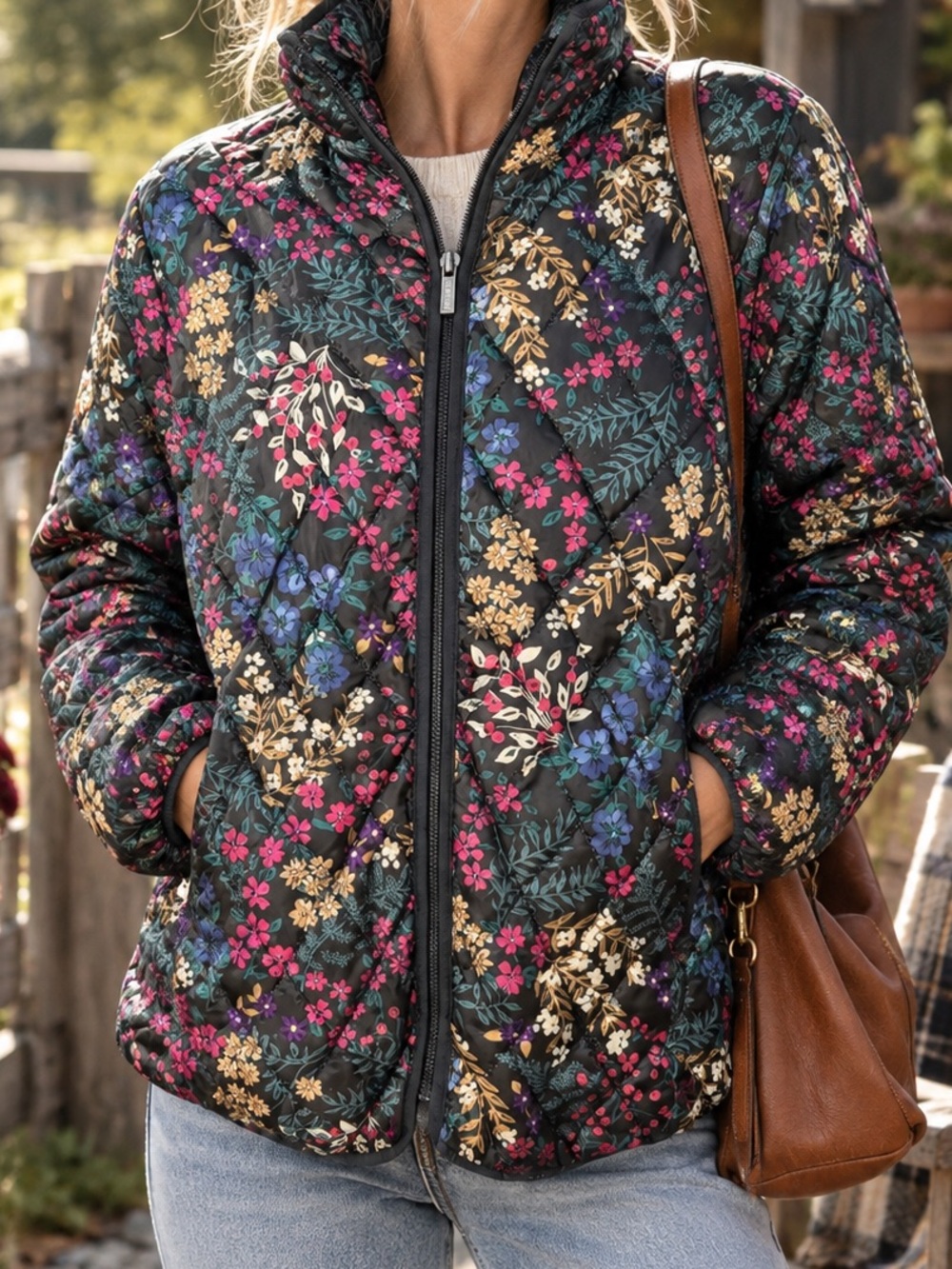 Lands' End Floral Quilted Packable Puffer Jacket Black Multi Zip L 14-16
